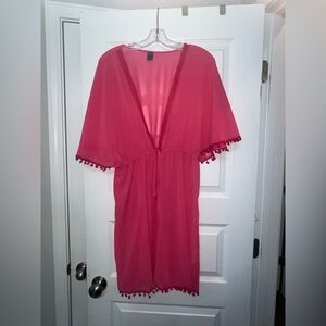 SHEIN Bright Pink Pom‑Pom Trim Cover‑Up